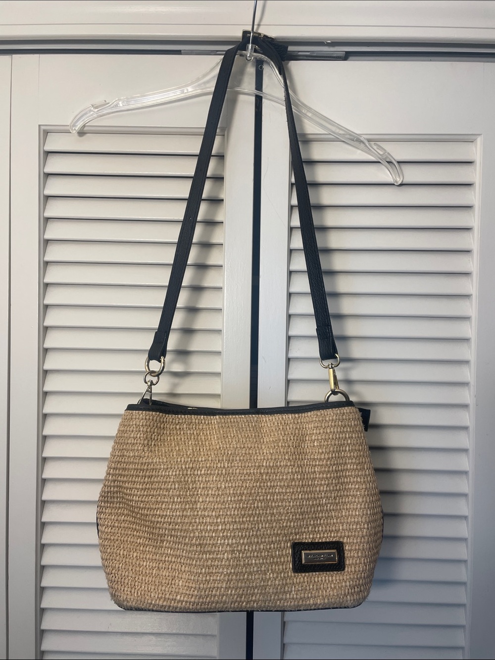 Viola Castellani Woven Raffia Shoulder Bag Black leather trim adjustable strap